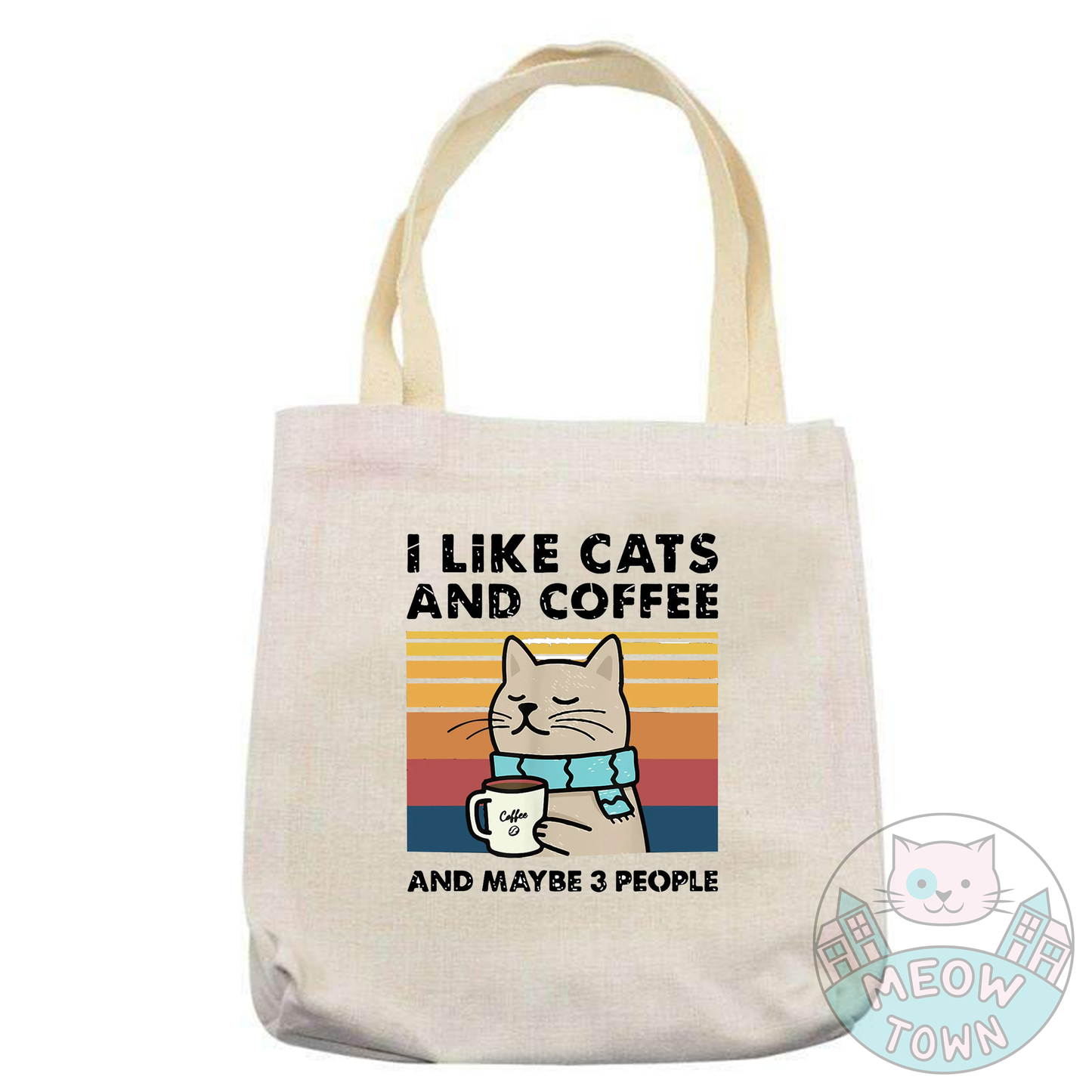 Super cute yet handy tote bag printed in the UK by us at Meow Town exclusively for you.
Funny 'I like cats and coffee - and maybe 3 people’ quote.
Natural beige