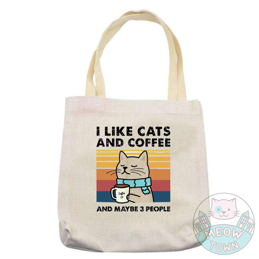 Super cute yet handy tote bag printed in the UK by us at Meow Town exclusively for you.
Funny 'I like cats and coffee - and maybe 3 people’ quote.
Natural beige