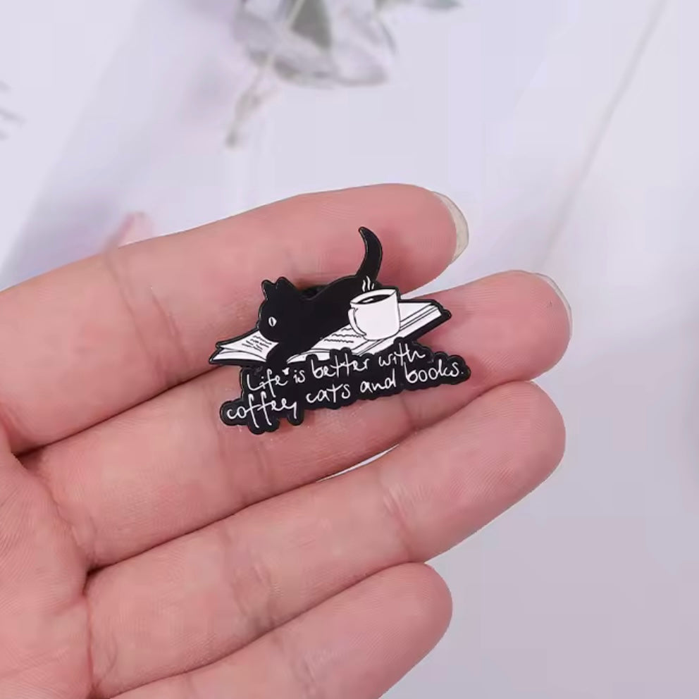 I love coffee cats and books pin badge gift for cat lovers