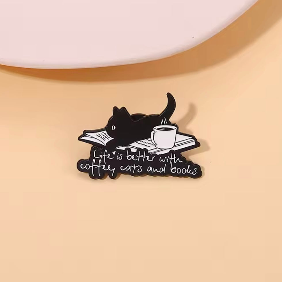 I love coffee cats and books pin badge gift for cat people