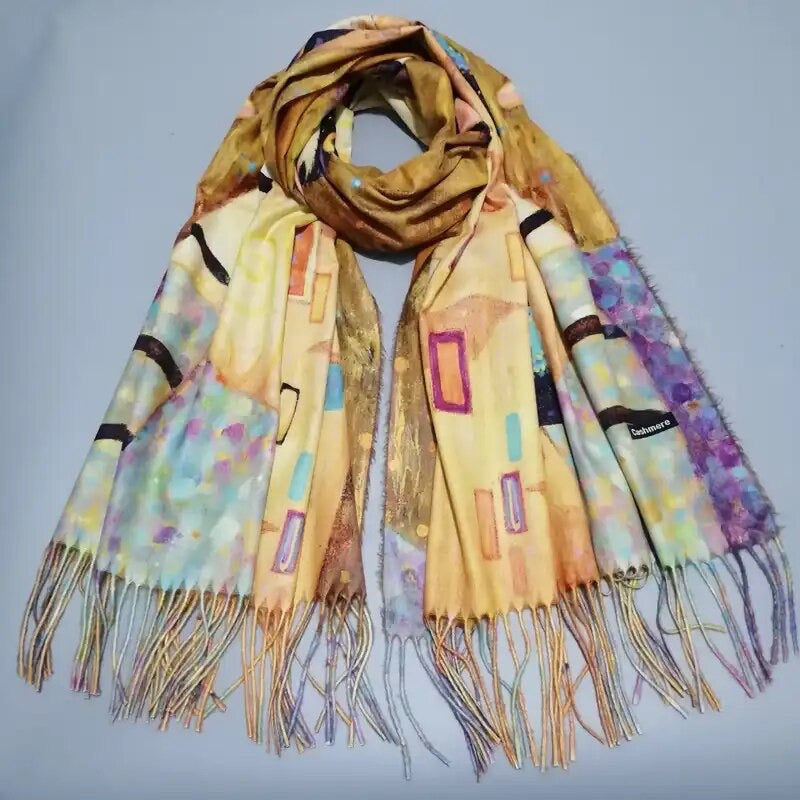 Warm and super soft knitted scarf with gorgeous colourful kitty print. cat gift accessories for crazy cat ladies. klimt inspired cat painting