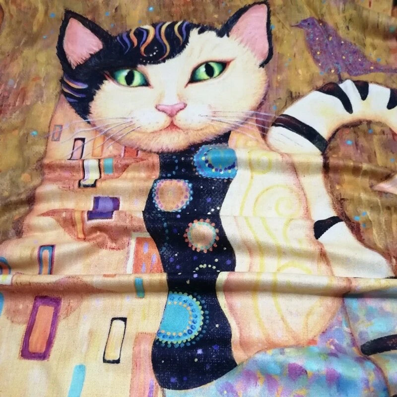 Warm and super soft knitted scarf with gorgeous colourful kitty print. cat gift accessories for crazy cat ladies. klimt inspired cat painting