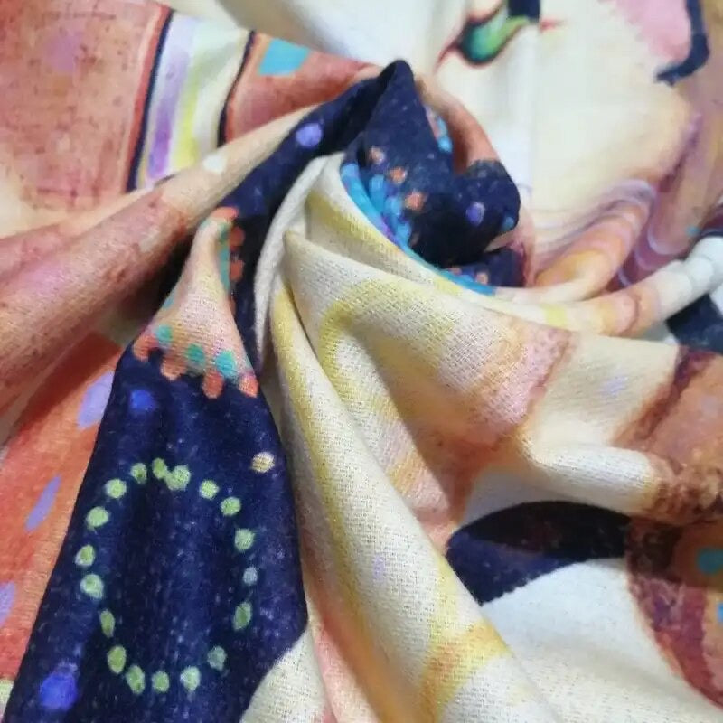 Warm and super soft knitted scarf with gorgeous colourful kitty print. cat gift accessories for crazy cat ladies. klimt inspired cat painting