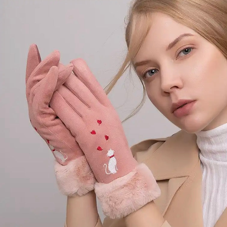 Embroidered Gloves ‘Love’ With Faux Fur Trim