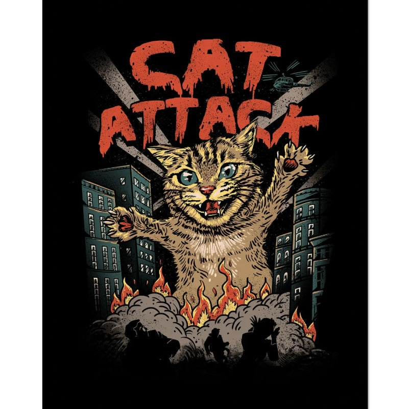 Vincent Trinidad’s hilarious ‘Cat Attack’ design on high-quality, soft cotton T-Shirt, where whimsical artistry meets premium comfort. Funny dark cat tshirt