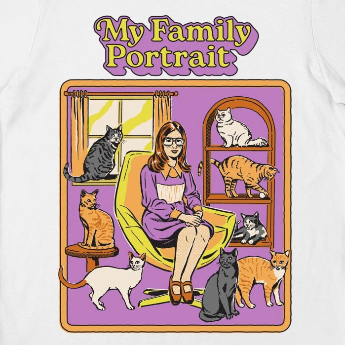 Steven Rhodes’s hilarious ‘My family portrait’ design on high-quality, unisex, soft, white, cotton T-Shirt, where whimsical artistry meets premium comfort. Cat lovers cat family portrait