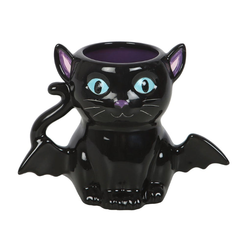 Black cat-shaped mug with bat wings on a white background