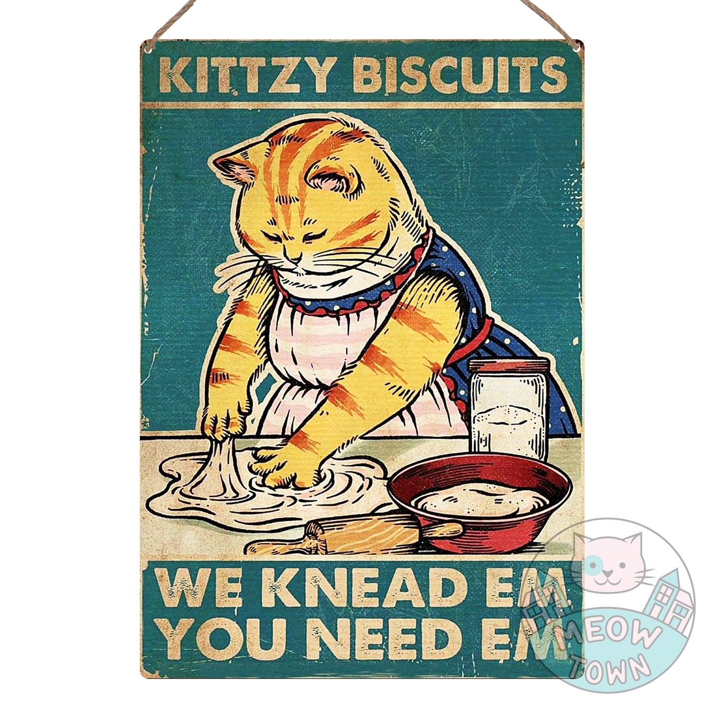 A lovely metal wall sign with funny slogan ‘Kittzy Biscuits - We knead em, you need em’ to brighten your kitchen with :) Aluminium material, brushed silver colour back. Approx A4 sized