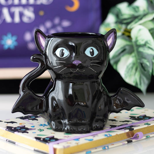 Black cat-shaped mug with bat wings