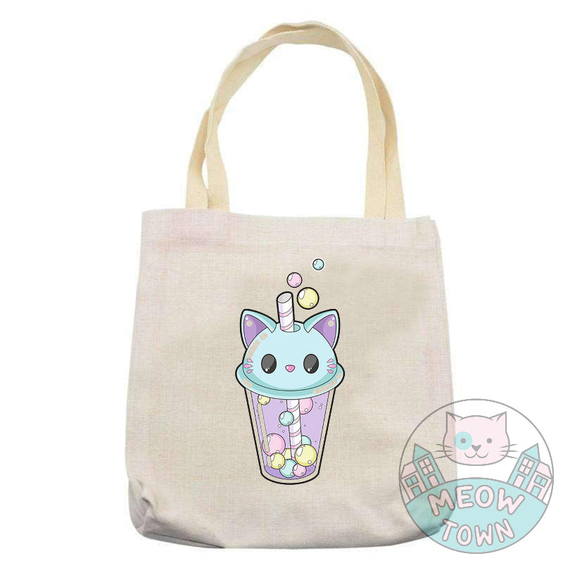 cute bubble tea with cat ears tote bag backpack for cat lovers kawaii kitty