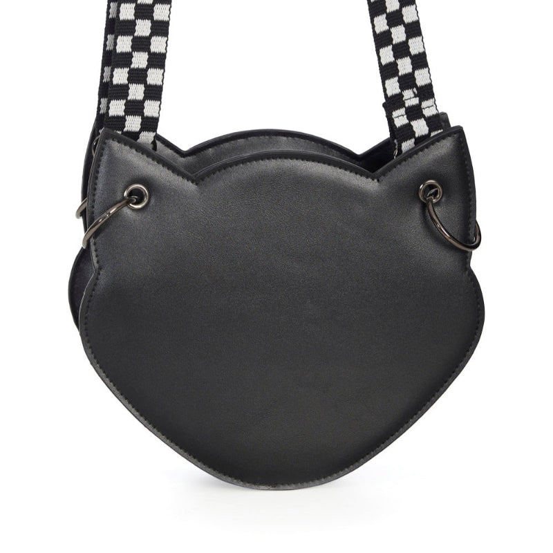 cat handbag with a checkered strap