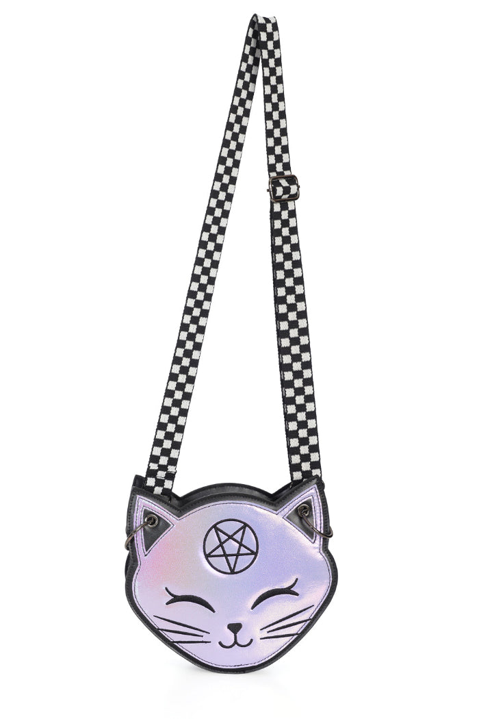Cat-shaped crossbody bag with checkered strap