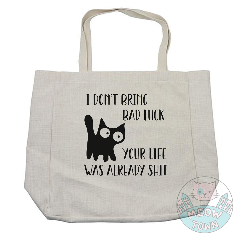 Funny Meow Town Special Print exclusively for black cat lovers. Spread the word: Black cats do not bring bad luck! These beautiful furballs can only make your life better:) Natural beige colour. Durable single layer material. Polyester and cotton fabric, linen effect.