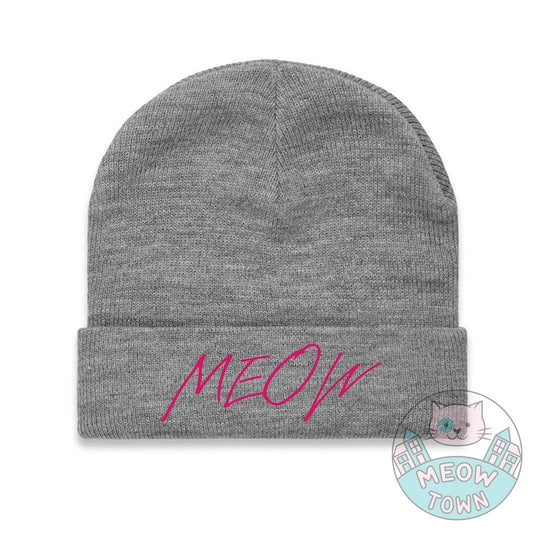 meow beanie hat for cat lovers grey with hot pink embroidery