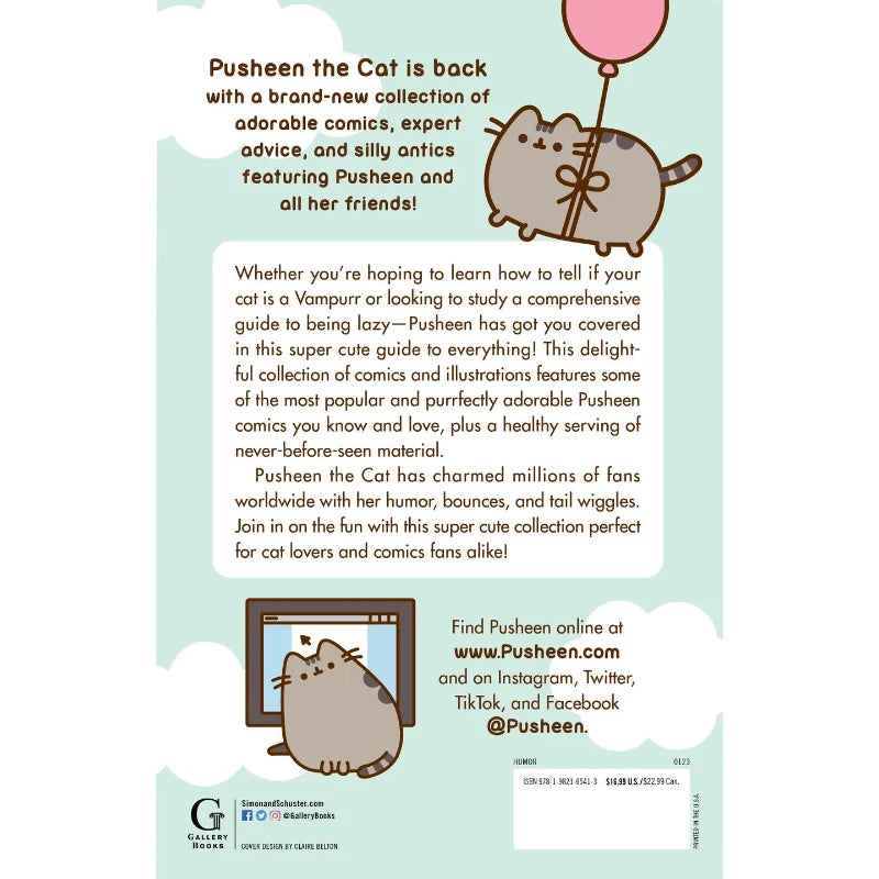 Pusheen the Cat book back, with text and illustrations on a light green background