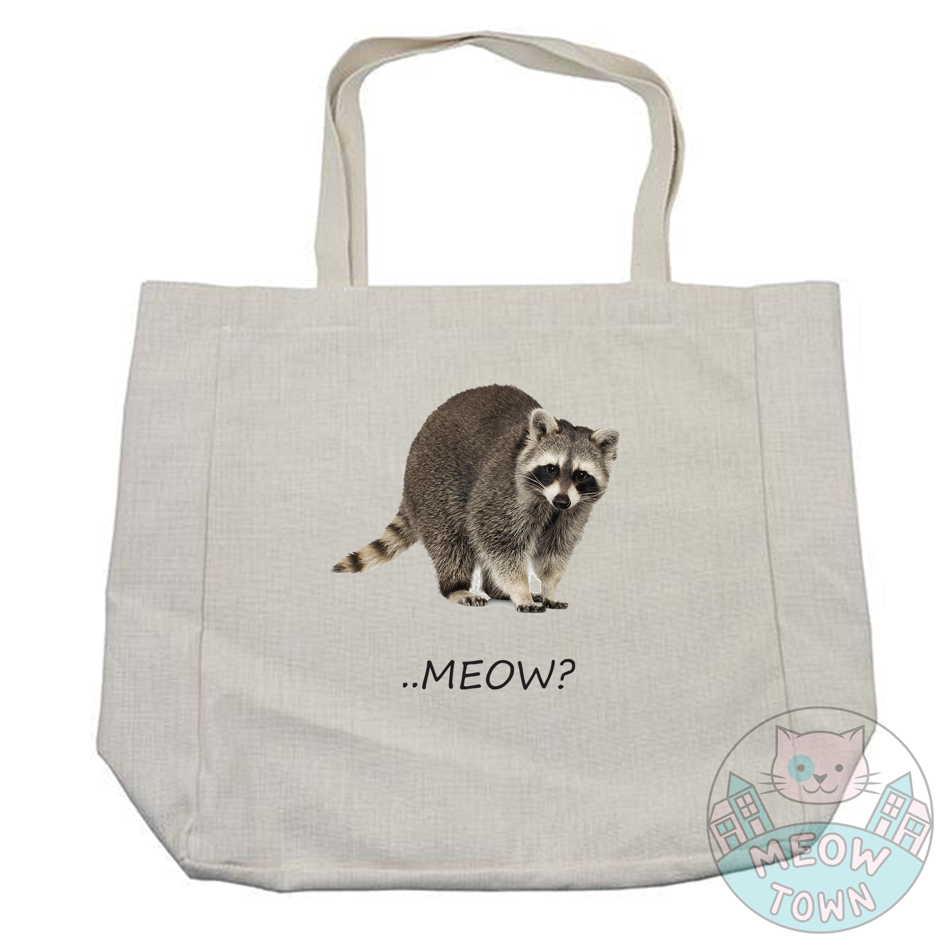 Funny and handy linen touch tote bag printed in the UK by us at Meow Town exclusively for You. 'Meow?’ slogan with a funny raccoon print. Natural beige bag colour. Durable single layer material. Polyester and cotton fabric, linen effect.  Choose from 3 bag types: Classic tote, Large tote or drawstring backpack.
