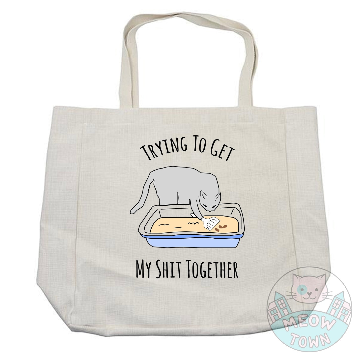 Super cute yet handy tote bag printed in the UK by us at Meow Town exclusively for You. Funny 'Trying to get my shit together’ quote with a kitty cleaning his own litter tray :) Natural beige colour. Durable single layer material. Polyester and cotton fabric, linen effect. Choose from 3 bag types: Classic tote, Large tote or drawstring backpack.