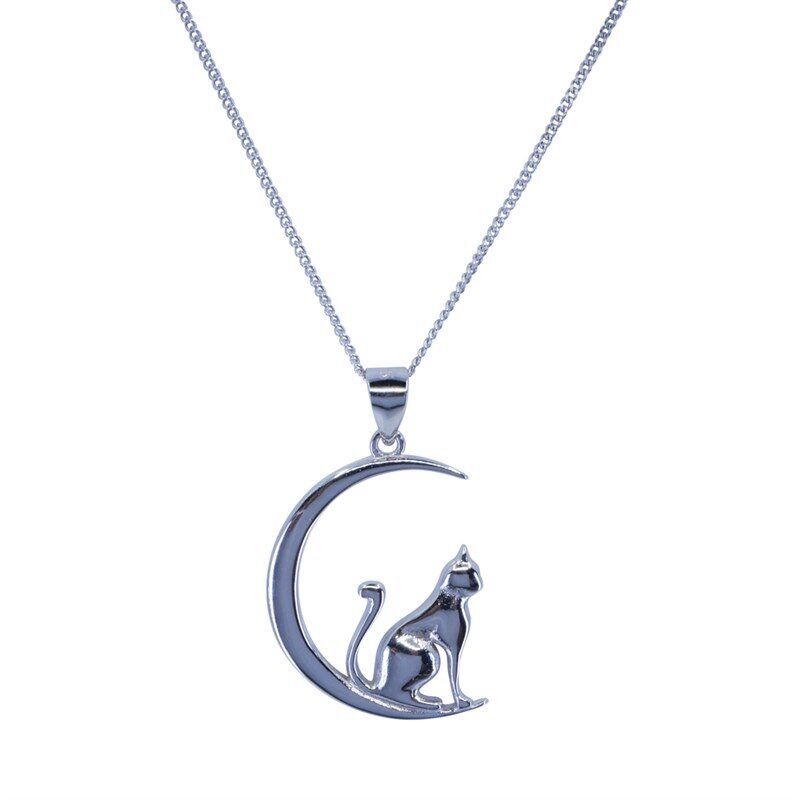 sterling silver cat and moon necklace pendant