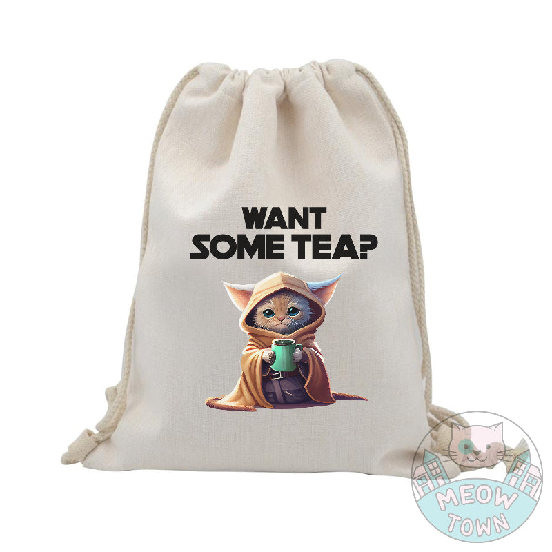 The print features a lovely kitty holding a cup of tea with ’Want some tea?' slogan drawstring bag rope backpack
