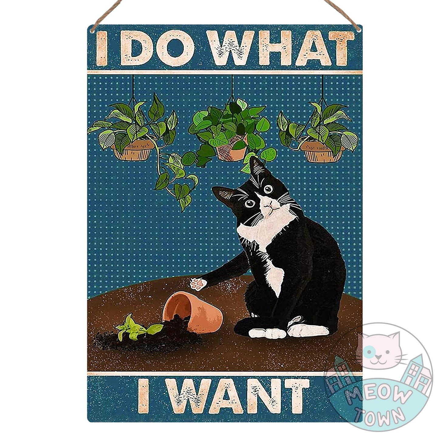 Metal wall sign with a funny black kitty and slogan ‘I Do What I Want’. Just the perfect home decoration to make you smile and brighten your room with :) Aluminium material, brushed silver colour back.