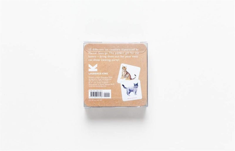 15 different cardboard cat coasters illustrated by watercolour artist Marcel George