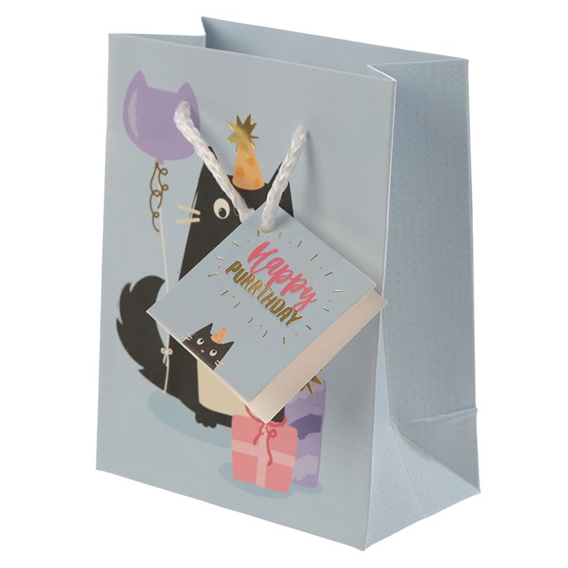 A lovely small gift bag for those very special days in every cat lover's life. Cute cartoon style print with a tuxedo kitty, cat shaped balloon and gift boxes.