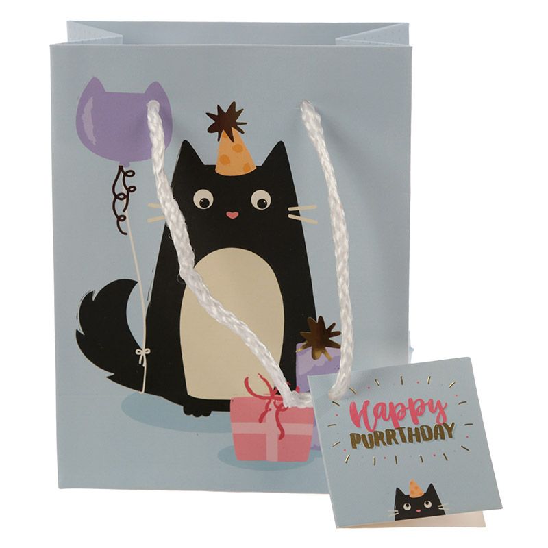 A lovely small gift bag for those very special days in every cat lover's life. Cute cartoon style print with a tuxedo kitty, cat shaped balloon and gift boxes. Happy Birthday bag
