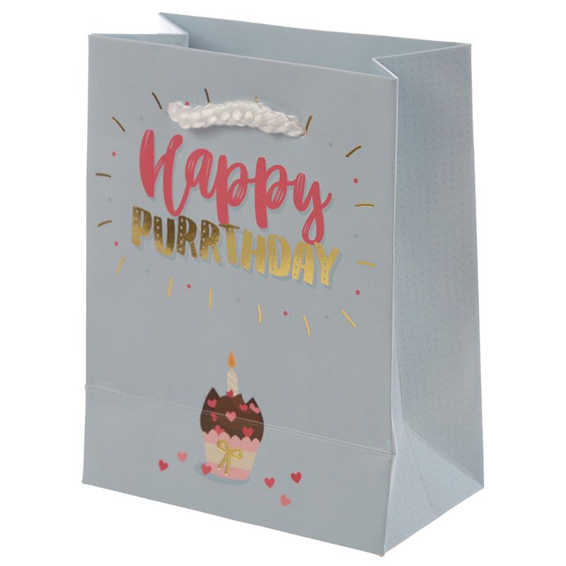 A lovely small gift bag for those very special days in every cat lover's life. Cute cartoon style print with a tuxedo kitty, cat shaped balloon and gift boxes.