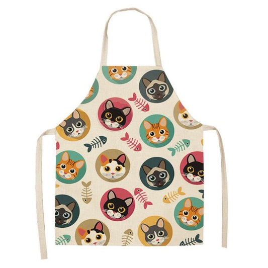 Cat and fishbone colourful pattern adults apron linen blend