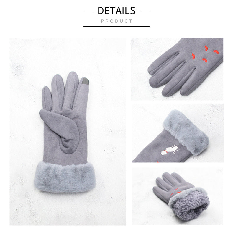 embroidered gloves faux fur faux suede suedette warm lovely gloves for cat lovers cat and hearts