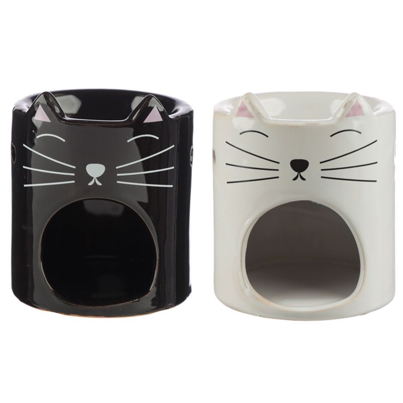Adorable kitty ceramic oil burner. Please choose colour from the drop-down menu. Oil and tea light is not included. Use a good quality standard tea light and do not overfill the dish.
