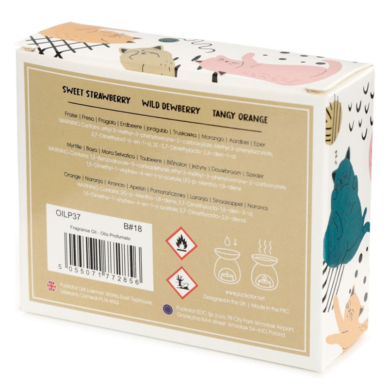 Cat's Life fragrance oil set of 3. Tangy orange, wild dewberry, sweet strawberry. 3 X 10ml bottles in presentation box. Synthetic oils, vegan, cruelty free, palm oil free.