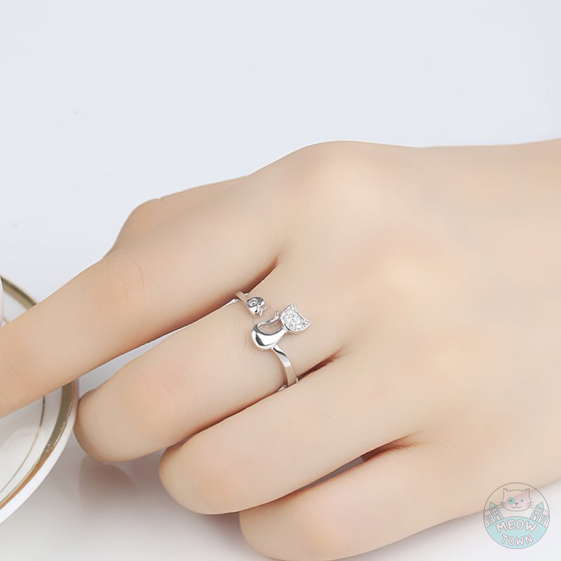 cat and heart ring with crystals silver or gold