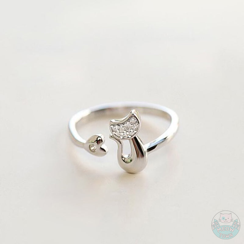 cat and heart shape ring with crystals rhinestones silver or gold open adjustable for any finger