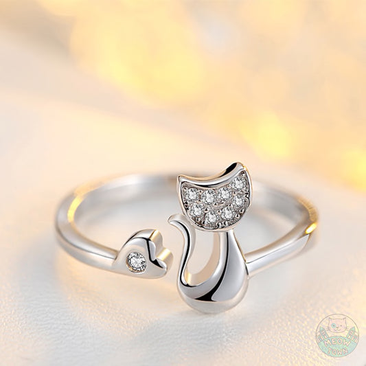 cat and heart shape ring with crystals rhinestones silver open adjustable for any finger