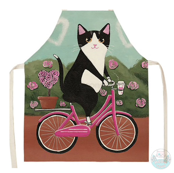 Cute cat kitten apron linen kitchen home accessories gift for cat lovers bicolor cat riding a bicycle rose bushes pink bicycle