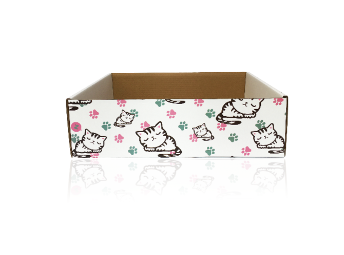 - Special Meow Town print to make it a little bit 'fancy'. Cute cats and paws all over. - Special sizing. After some research, we have decided to create our custom sized box, which is suitable for adult cats and kittens too. 42cm x 32cm x 12cm . Plenty of space. - White outside, brown inside, single wall corrugated cardboard. Much prettier than a regular delivery box :)