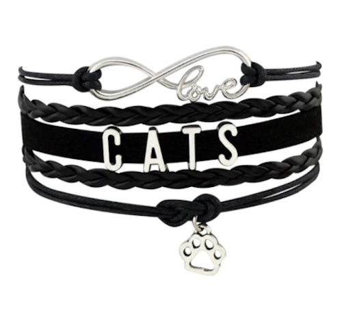 Cat lover bracelet jewellery cats love letters paw charm black