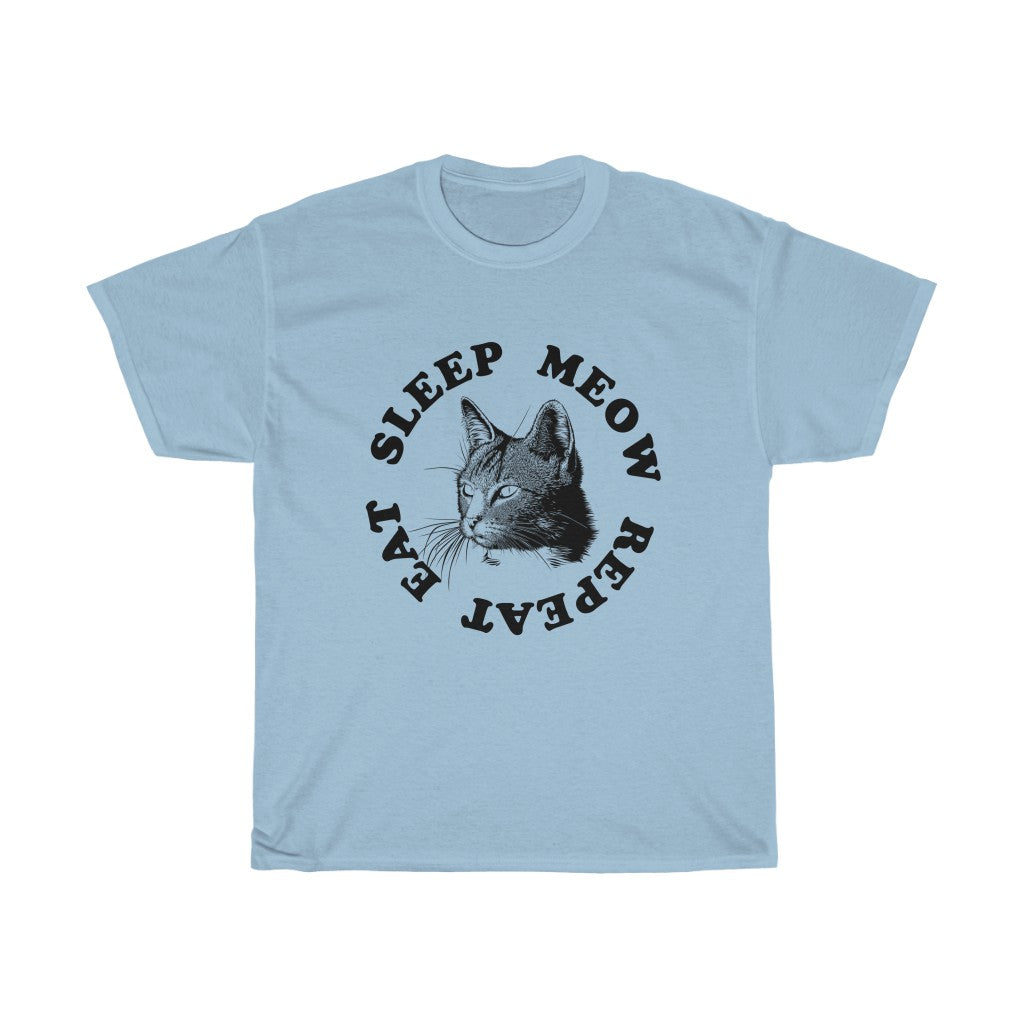 Eat sleep meow repeat slogan unisex heavy cotton T-shirt with a classic fit.