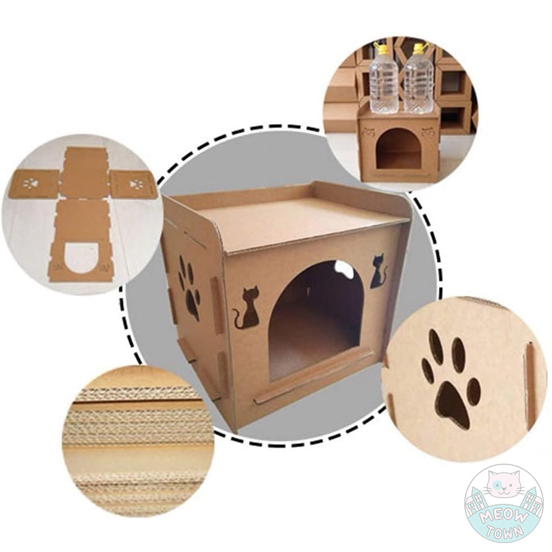 Cats LOVE cardboards!  So we decided to bring you this strong, double wall corrugated cardboard house  No glue, no tape is involved, easy to assemble  Cute cat and paw shaped cut-outs