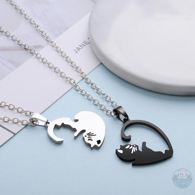 Love necklace yin yang cats for couples friends heart shape black and silver colour