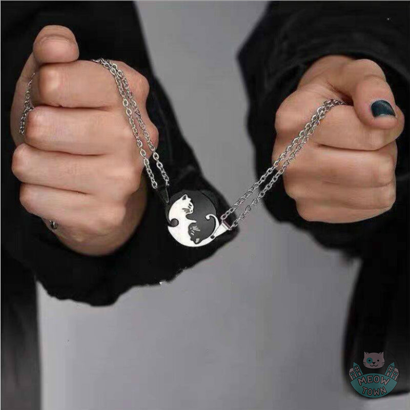 Friendship yin yang necklace set black and white cats circle for couples friend gift