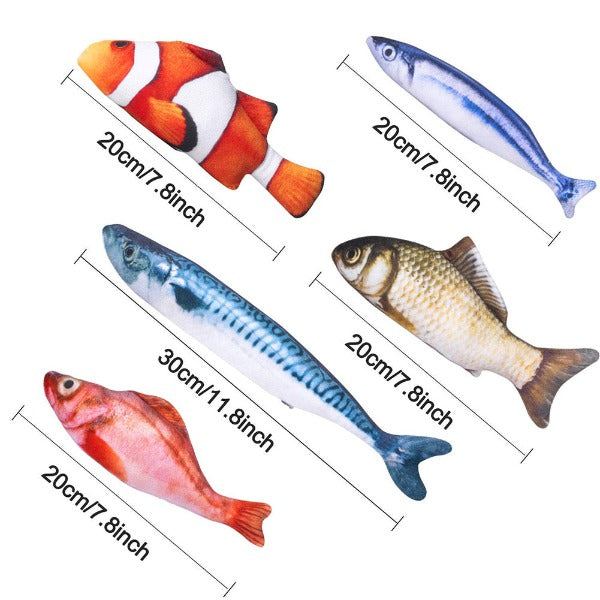 Funny, digital printed realistic fish plush cat toys. One package contains 5pcs of various pattern toys.  Filling contains catnip to make it more attractive for your little friend.