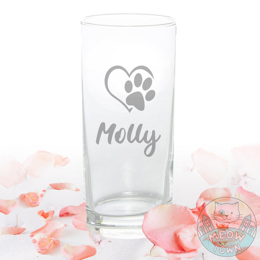 A lovely personalised hand etched hiball tumbler glass, with cute paw and heart design and your cat's name underneath. Custom name gift