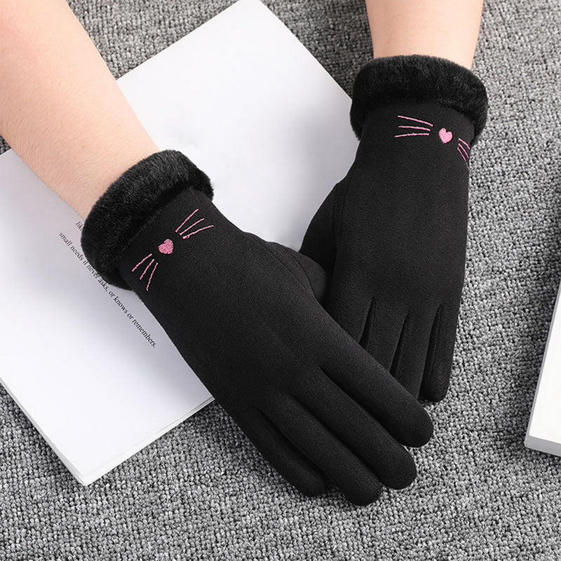 Super soft, warm, faux suede gloves with beautiful pink embroidered kitty nose and whiskers. Faux fur trim for a stylish, elegant look. Black colour gloves, pink embroidery thread. Material: viscose, faux fur. All cat lover ladies deserve a pretty pair of gloves for the cold season :)