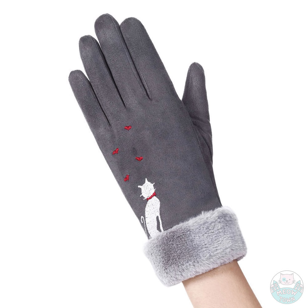 embroidered gloves faux fur faux suede suedette warm lovely gloves for cat lovers cat and hearts