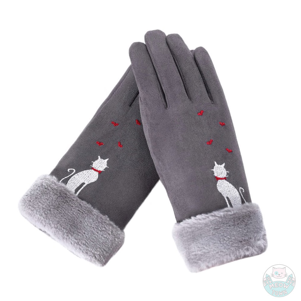 embroidered gloves faux fur faux suede suedette warm lovely gloves for cat lovers cat and hearts