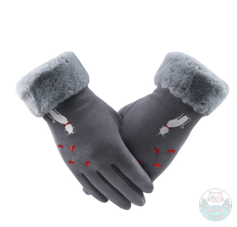 embroidered gloves faux fur faux suede suedette warm lovely gloves for cat lovers cat and hearts