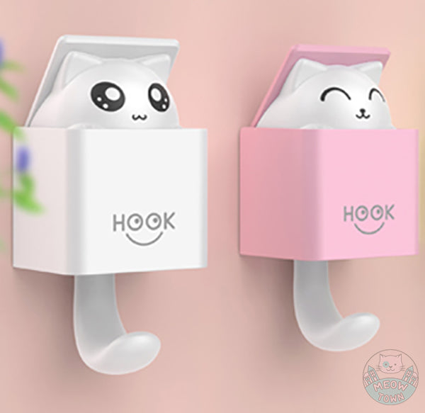 A super fun, cute cat hook available in two colours Two positions - Closed when the hook is empty, the cute cat appears as soon as the hook is in use white and pink