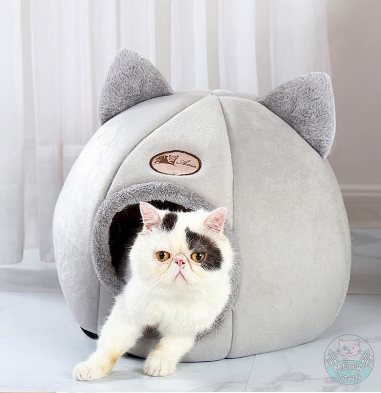 Cat igloo cosy cat bed house warm winter summer adult cats kittens indoor grey with cute ears